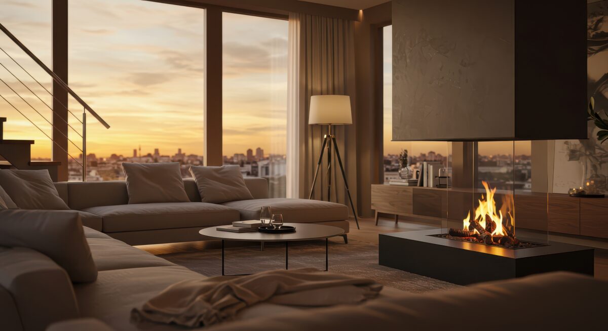 Beautifully staged high-rise condo living room with a cozy fireplace, neutral-toned sectional sofa, and sunset city skyline views, designed to attract luxury home buyers.