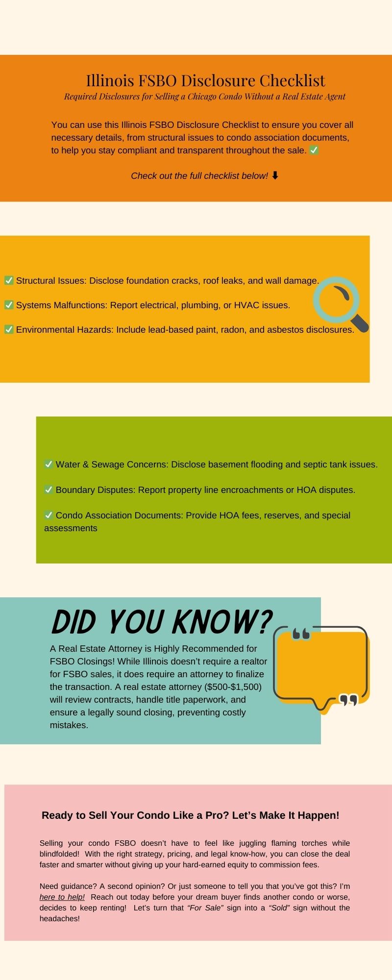 Illinois FSBO real estate disclosure checklist outlining required seller disclosures, including structural issues, environmental hazards, and condo association documents.